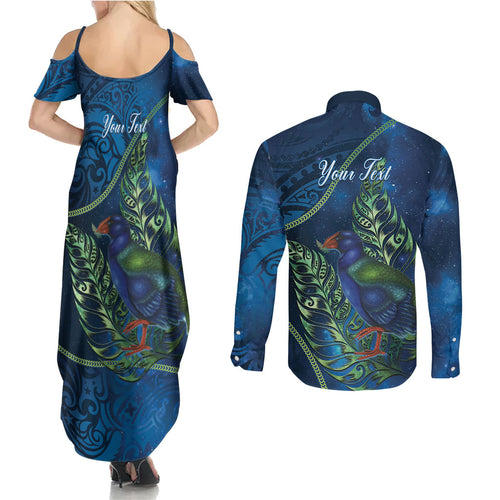 New Zealand Takahe Personalised Couples Matching Summer Maxi Dress and Long Sleeve Button Shirt Silver Fern Galaxy Polynesian Pattern
