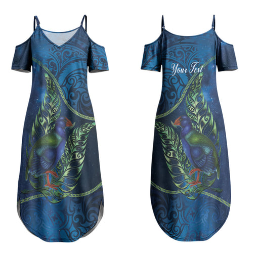 New Zealand Takahe Personalised Couples Matching Summer Maxi Dress and Long Sleeve Button Shirt Silver Fern Galaxy Polynesian Pattern LT22