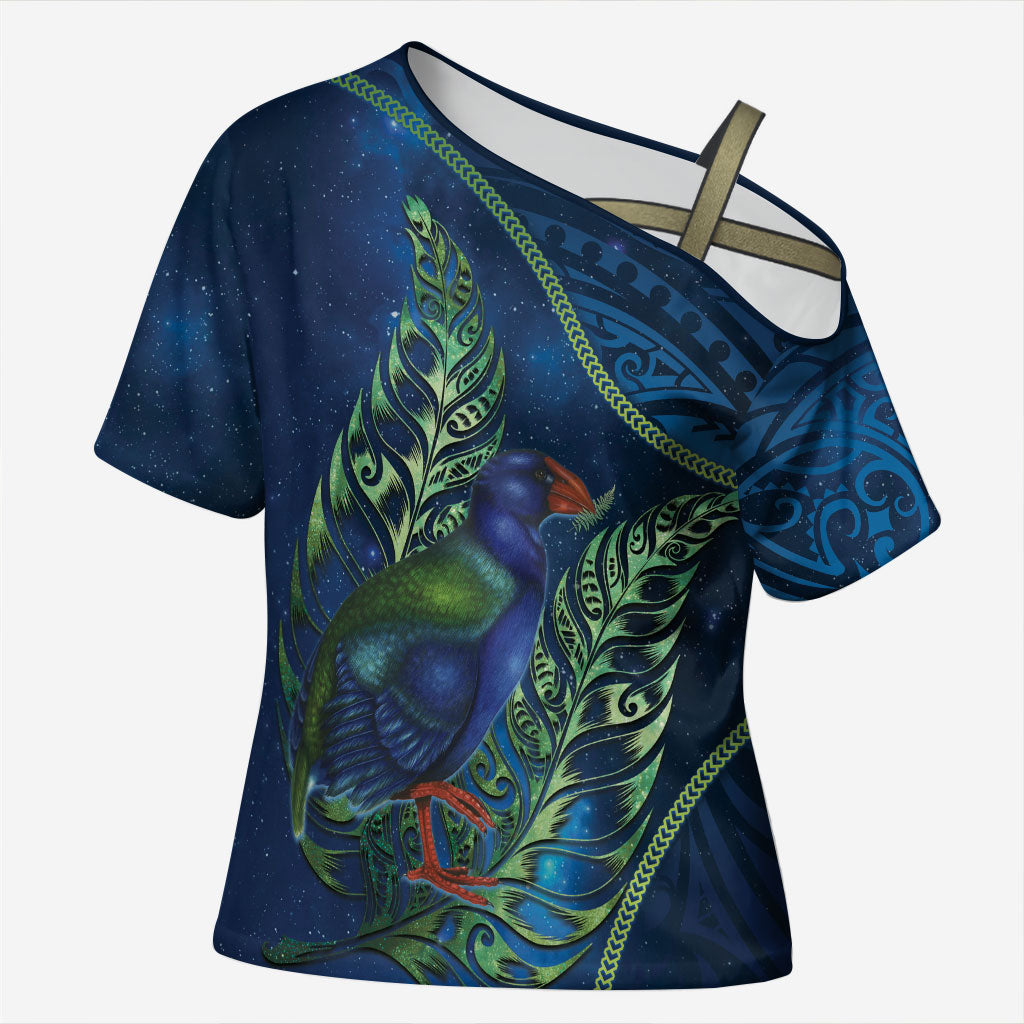 New Zealand Takahe Personalised Cross Shoulder Shirt Silver Fern Galaxy Polynesian Pattern