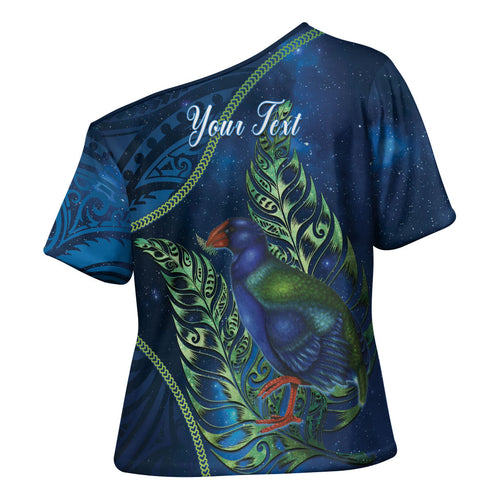 New Zealand Takahe Personalised Cross Shoulder Shirt Silver Fern Galaxy Polynesian Pattern