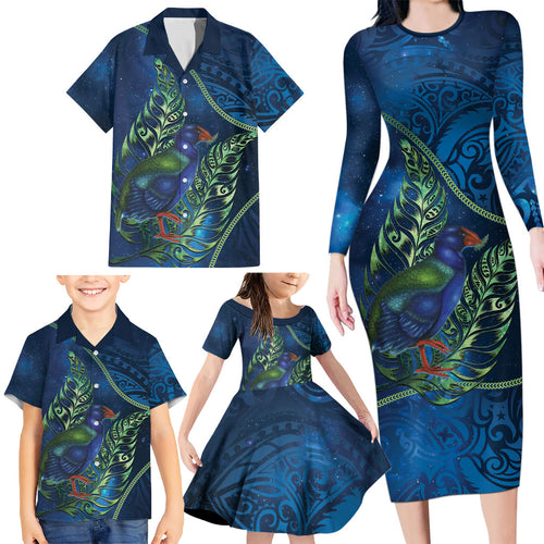 New Zealand Takahe Personalised Family Matching Long Sleeve Bodycon Dress and Hawaiian Shirt Silver Fern Galaxy Polynesian Pattern