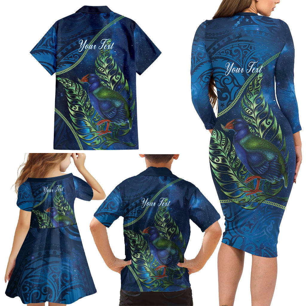 New Zealand Takahe Personalised Family Matching Long Sleeve Bodycon Dress and Hawaiian Shirt Silver Fern Galaxy Polynesian Pattern