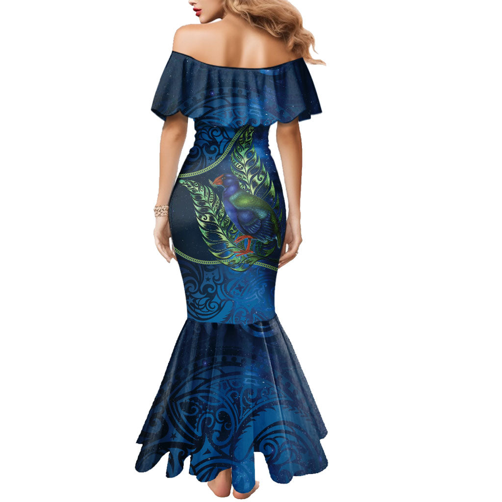New Zealand Takahe Personalised Family Matching Mermaid Dress and Hawaiian Shirt Silver Fern Galaxy Polynesian Pattern