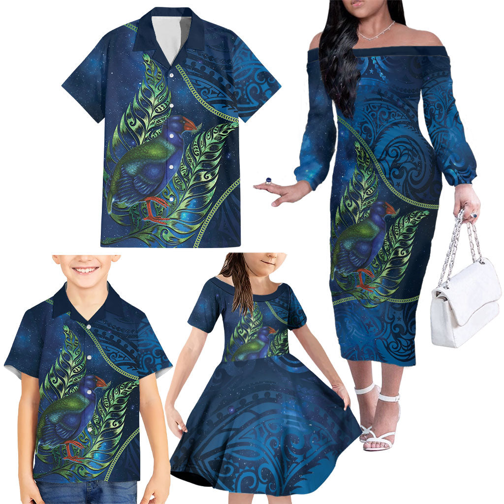 New Zealand Takahe Personalised Family Matching Off The Shoulder Long Sleeve Dress and Hawaiian Shirt Silver Fern Galaxy Polynesian Pattern