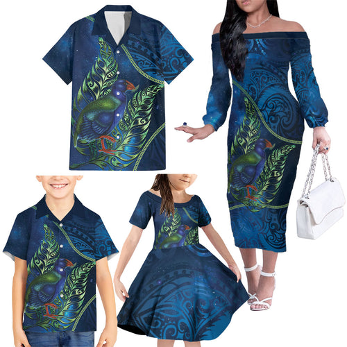 New Zealand Takahe Personalised Family Matching Off The Shoulder Long Sleeve Dress and Hawaiian Shirt Silver Fern Galaxy Polynesian Pattern