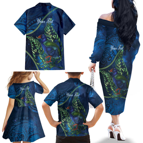 New Zealand Takahe Personalised Family Matching Off The Shoulder Long Sleeve Dress and Hawaiian Shirt Silver Fern Galaxy Polynesian Pattern