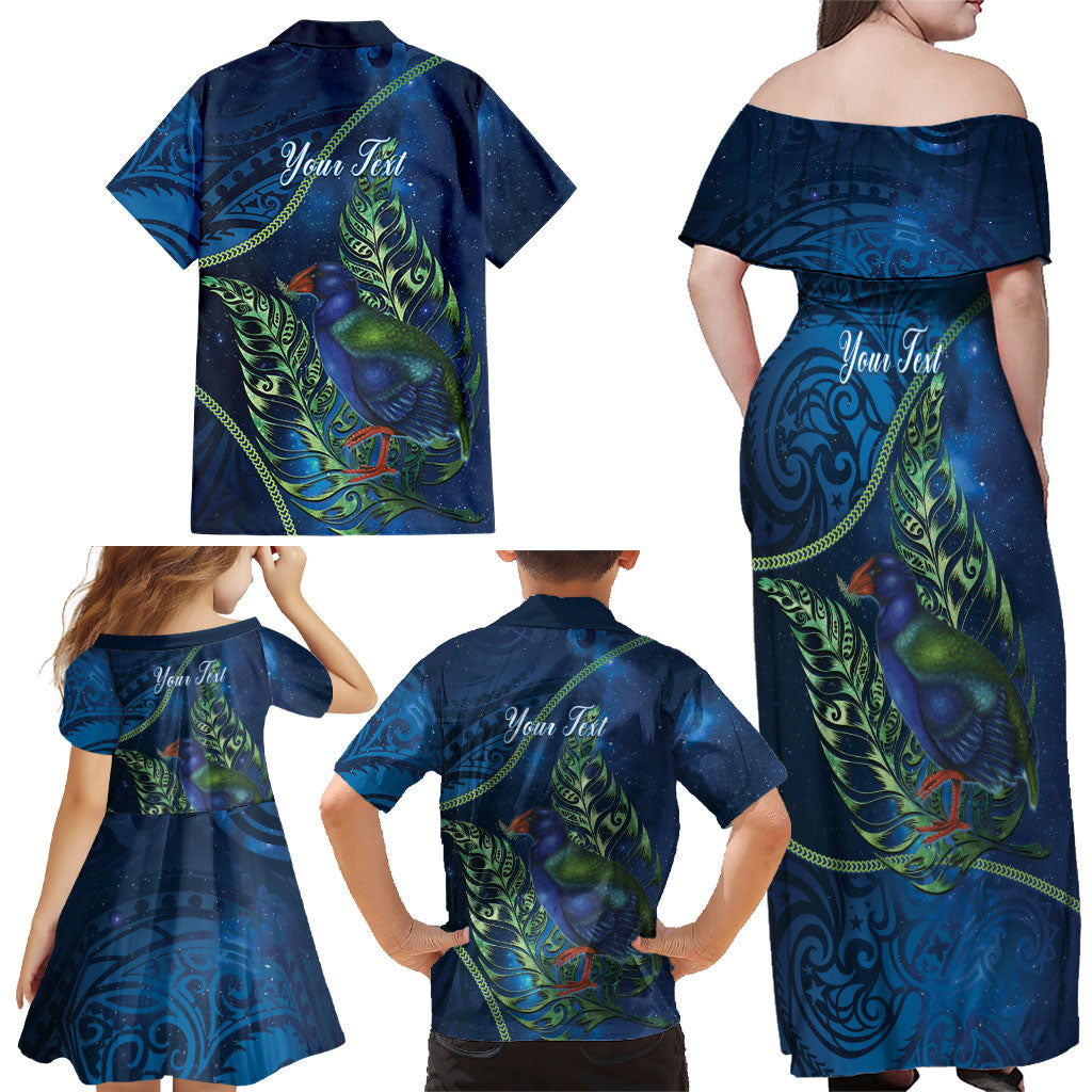 New Zealand Takahe Personalised Family Matching Off Shoulder Maxi Dress and Hawaiian Shirt Silver Fern Galaxy Polynesian Pattern