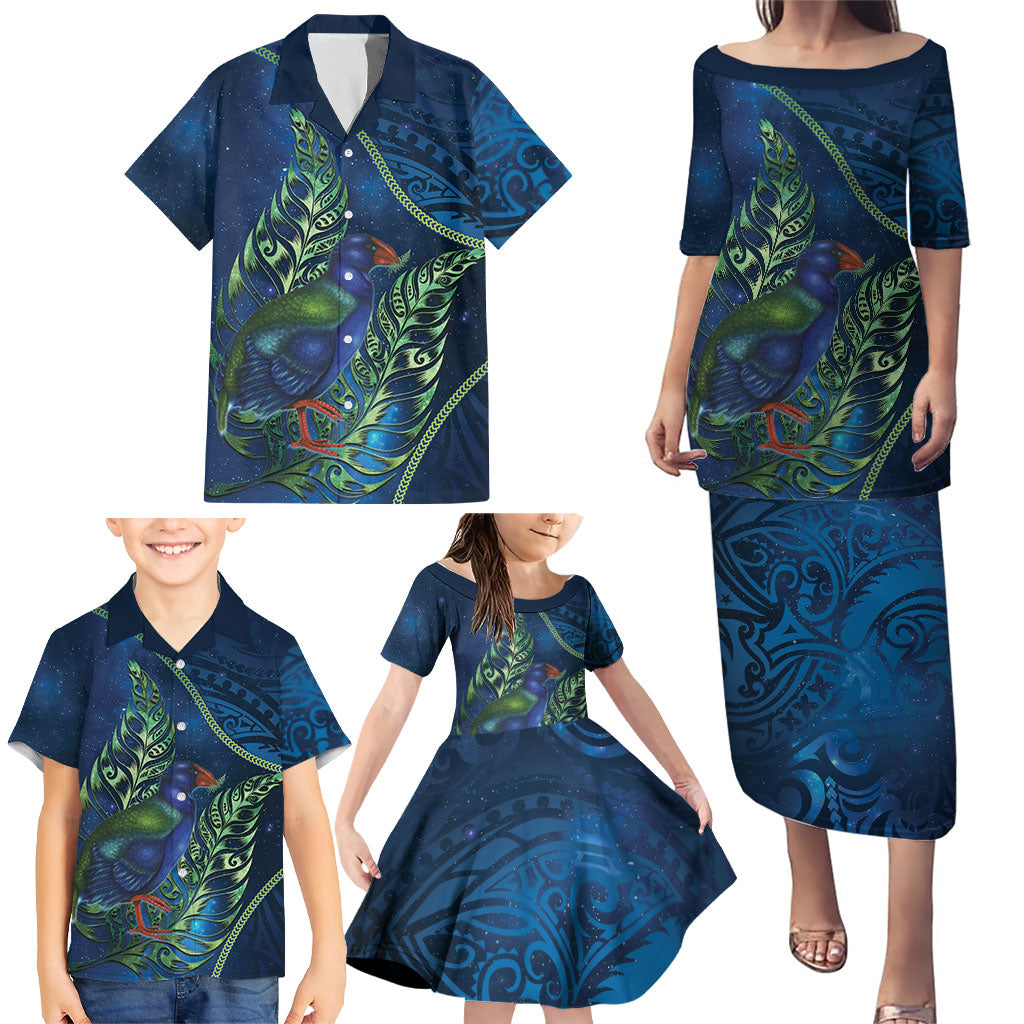 New Zealand Takahe Personalised Family Matching Puletasi and Hawaiian Shirt Silver Fern Galaxy Polynesian Pattern