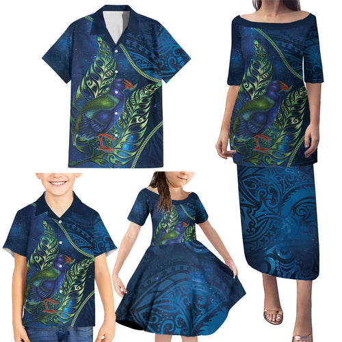 New Zealand Takahe Personalised Family Matching Puletasi and Hawaiian Shirt Silver Fern Galaxy Polynesian Pattern