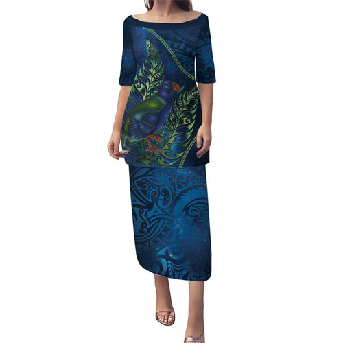 New Zealand Takahe Personalised Family Matching Puletasi and Hawaiian Shirt Silver Fern Galaxy Polynesian Pattern