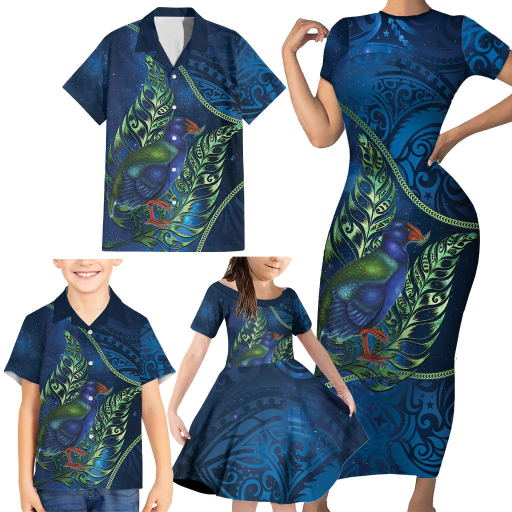 New Zealand Takahe Personalised Family Matching Short Sleeve Bodycon Dress and Hawaiian Shirt Silver Fern Galaxy Polynesian Pattern