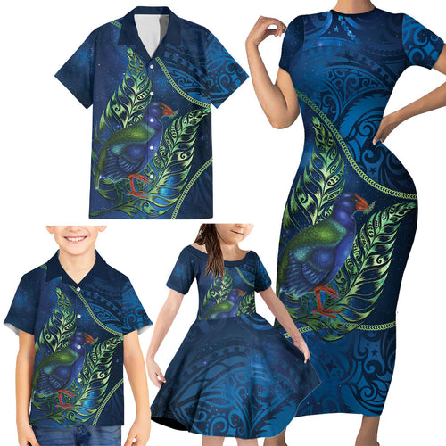 New Zealand Takahe Personalised Family Matching Short Sleeve Bodycon Dress and Hawaiian Shirt Silver Fern Galaxy Polynesian Pattern