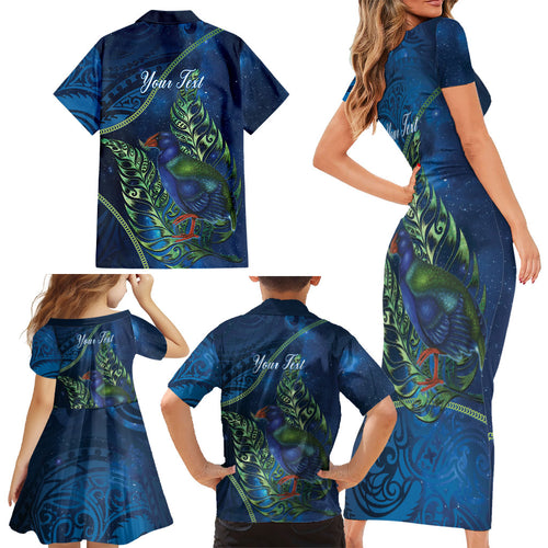 New Zealand Takahe Personalised Family Matching Short Sleeve Bodycon Dress and Hawaiian Shirt Silver Fern Galaxy Polynesian Pattern