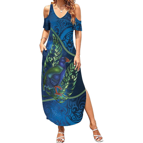 New Zealand Takahe Personalised Family Matching Summer Maxi Dress and Hawaiian Shirt Silver Fern Galaxy Polynesian Pattern