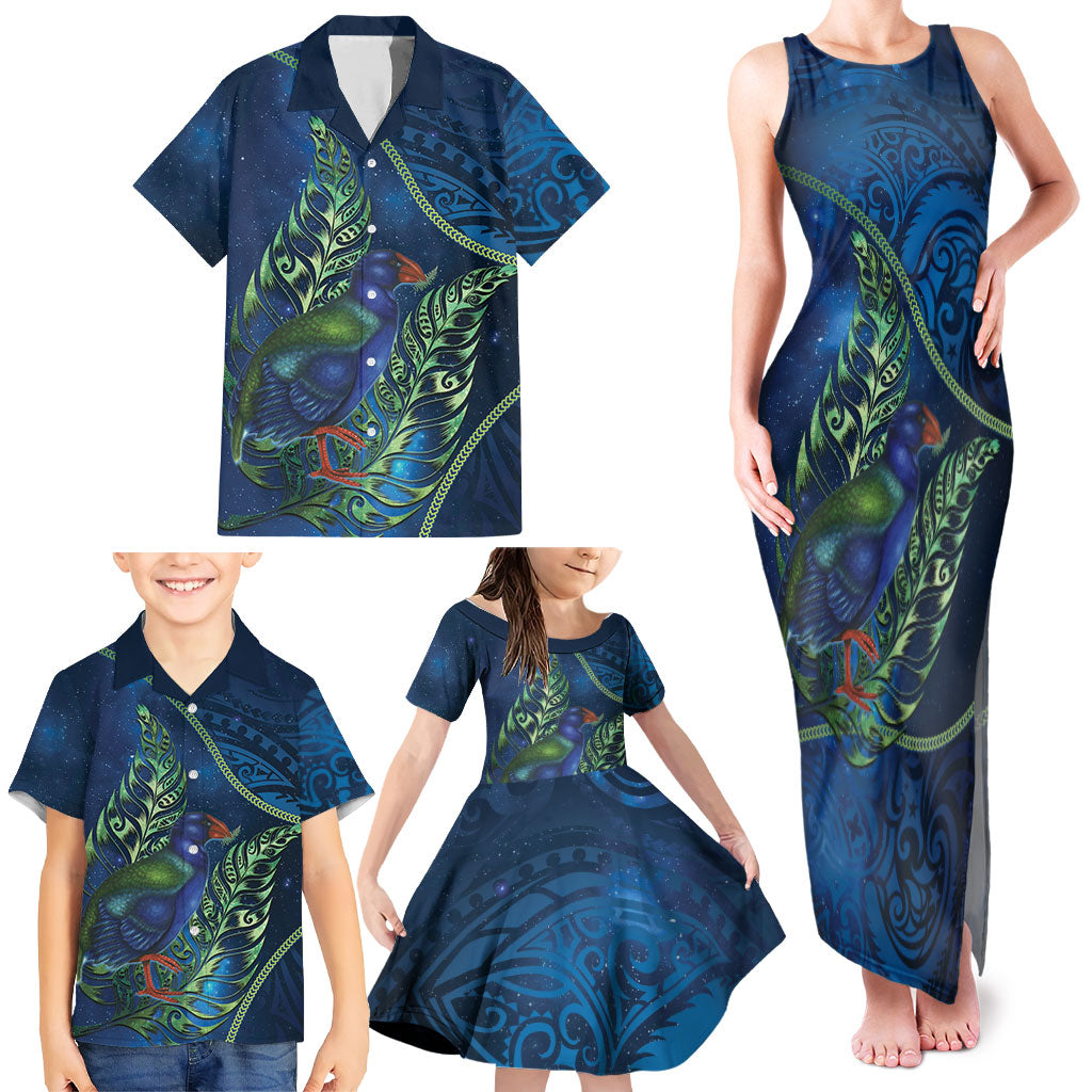 New Zealand Takahe Personalised Family Matching Tank Maxi Dress and Hawaiian Shirt Silver Fern Galaxy Polynesian Pattern