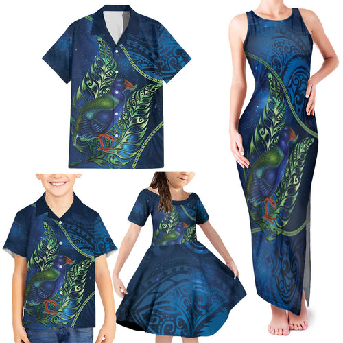 New Zealand Takahe Personalised Family Matching Tank Maxi Dress and Hawaiian Shirt Silver Fern Galaxy Polynesian Pattern