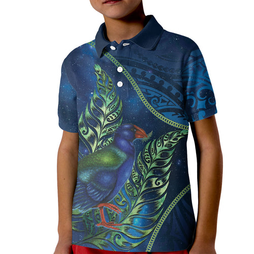 New Zealand Takahe Personalised Kid Polo Shirt Silver Fern Galaxy Polynesian Pattern