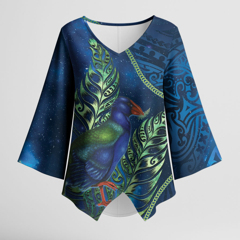 New Zealand Takahe Personalised Kimono Sleeve Blouse Silver Fern Galaxy Polynesian Pattern