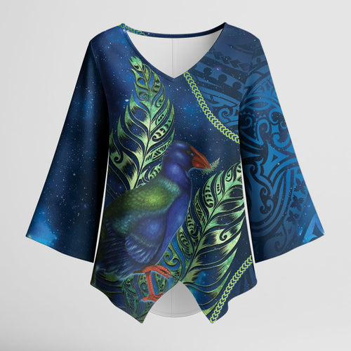 New Zealand Takahe Personalised Kimono Sleeve Blouse Silver Fern Galaxy Polynesian Pattern