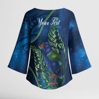 New Zealand Takahe Personalised Kimono Sleeve Blouse Silver Fern Galaxy Polynesian Pattern