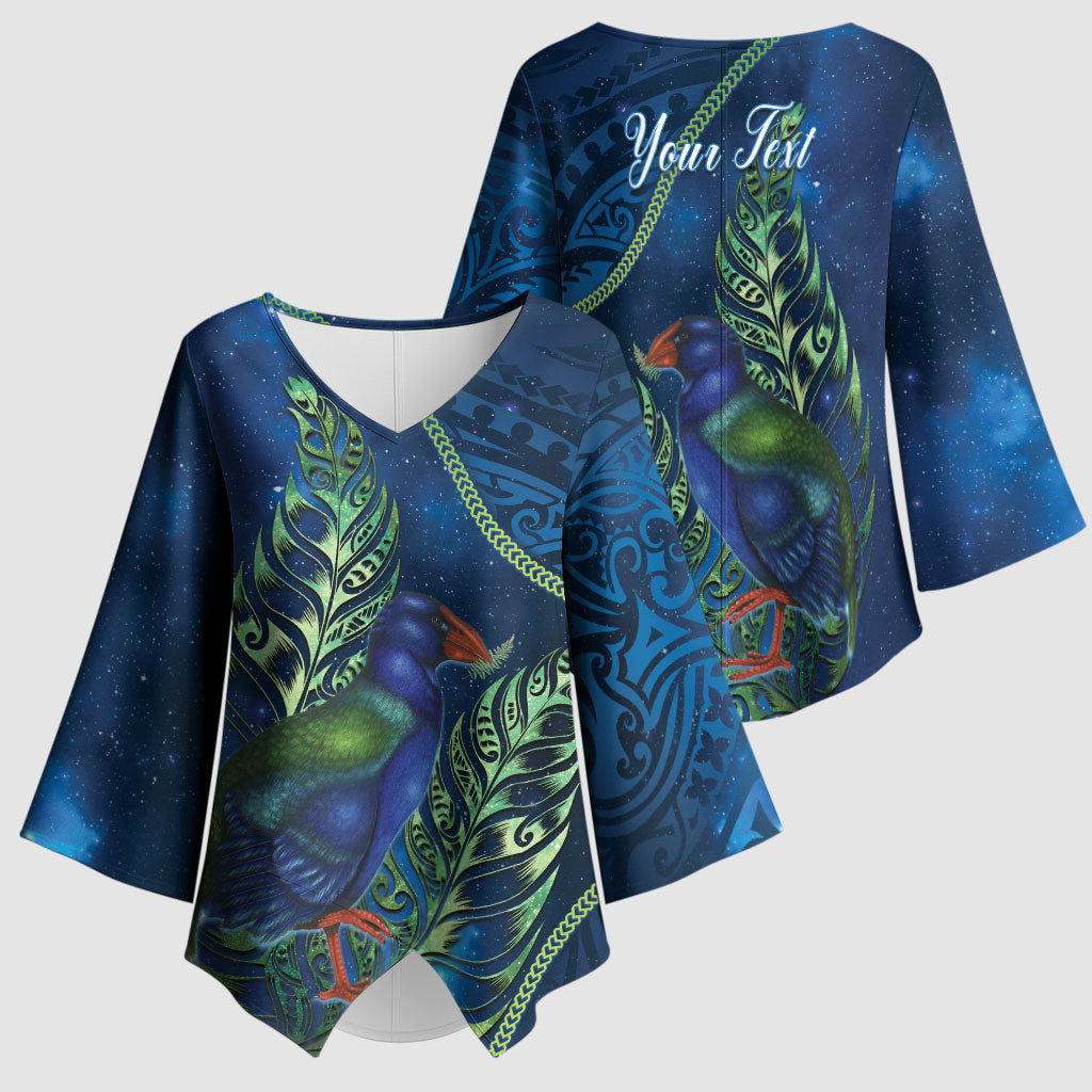 New Zealand Takahe Personalised Kimono Sleeve Blouse Silver Fern Galaxy Polynesian Pattern