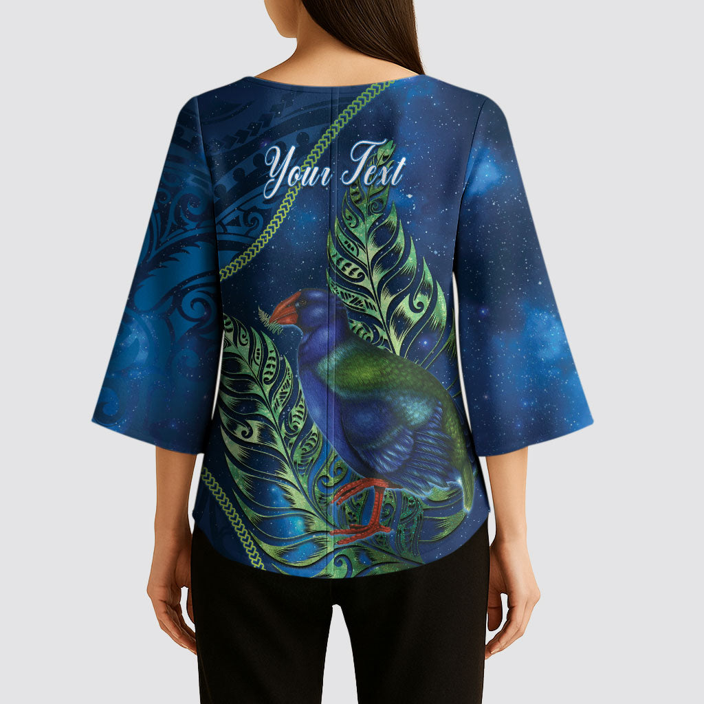 New Zealand Takahe Personalised Kimono Sleeve Blouse Silver Fern Galaxy Polynesian Pattern