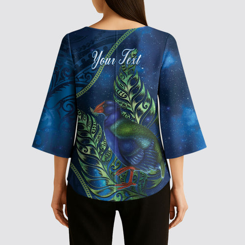 New Zealand Takahe Personalised Kimono Sleeve Blouse Silver Fern Galaxy Polynesian Pattern