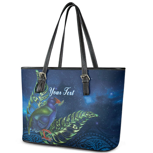 New Zealand Takahe Personalised Leather Tote Bag Silver Fern Galaxy Polynesian Pattern