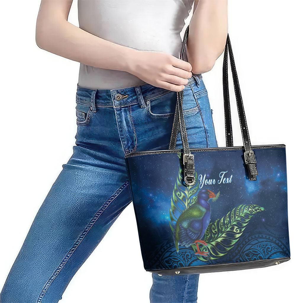 New Zealand Takahe Personalised Leather Tote Bag Silver Fern Galaxy Polynesian Pattern