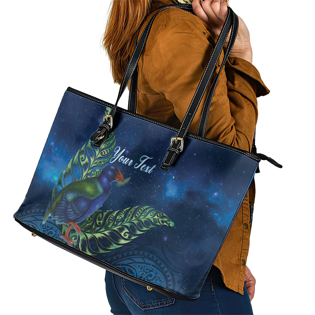 New Zealand Takahe Personalised Leather Tote Bag Silver Fern Galaxy Polynesian Pattern