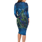 New Zealand Takahe Personalised Long Sleeve Bodycon Dress Silver Fern Galaxy Polynesian Pattern