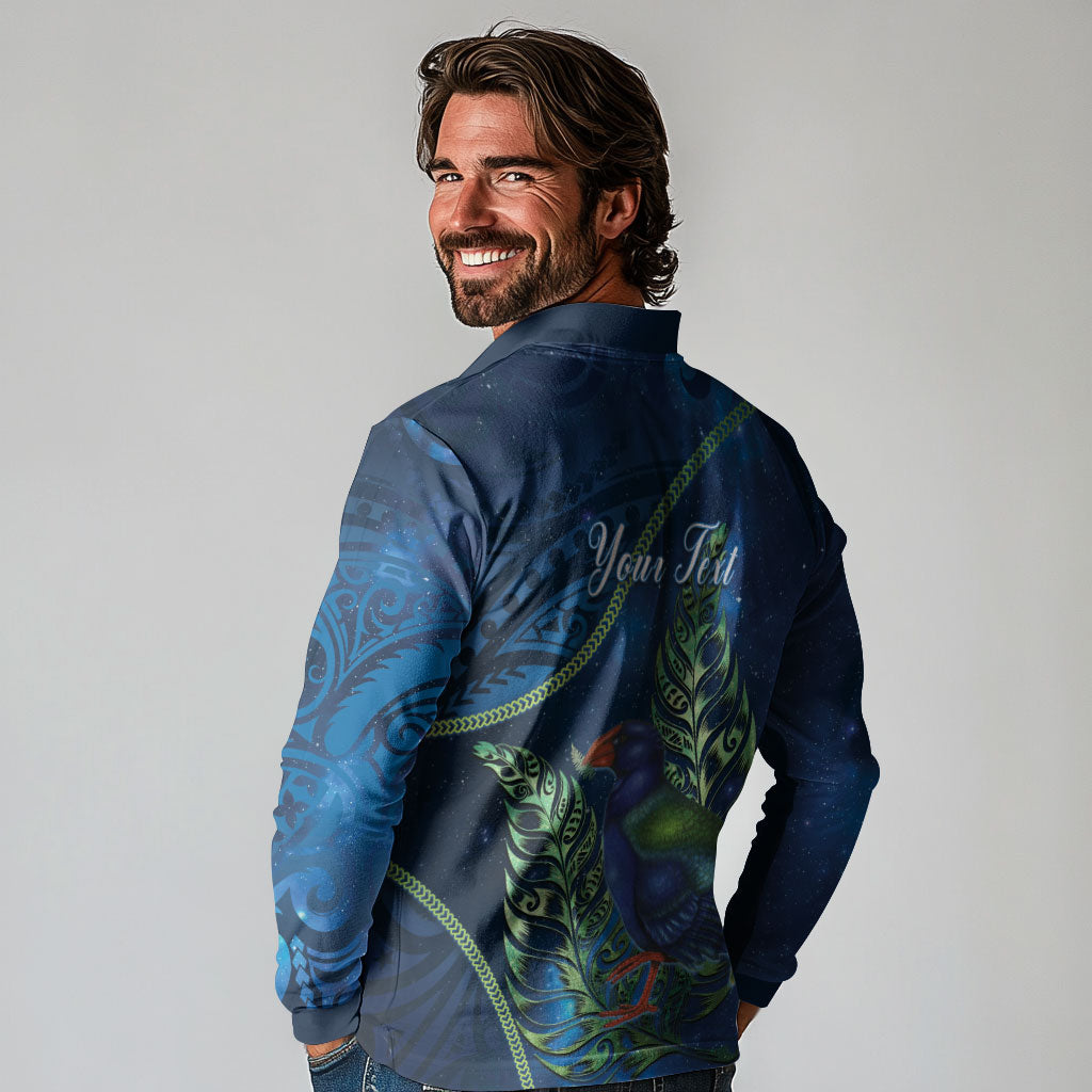 New Zealand Takahe Personalised Long Sleeve Polo Shirt Silver Fern Galaxy Polynesian Pattern