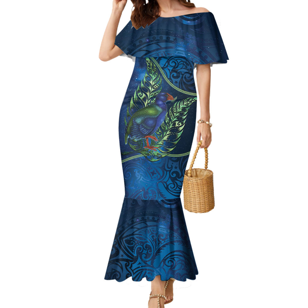 New Zealand Takahe Personalised Mermaid Dress Silver Fern Galaxy Polynesian Pattern