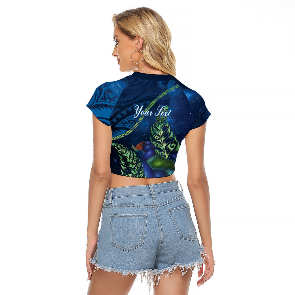 New Zealand Takahe Personalised Raglan Cropped T Shirt Silver Fern Galaxy Polynesian Pattern