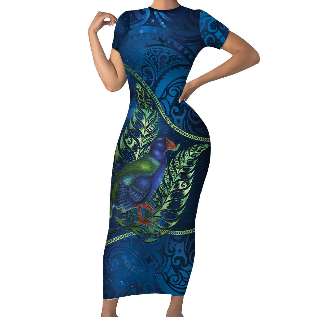 New Zealand Takahe Personalised Short Sleeve Bodycon Dress Silver Fern Galaxy Polynesian Pattern