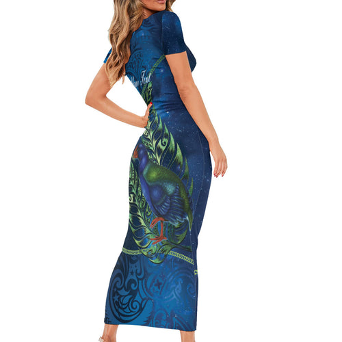 New Zealand Takahe Personalised Short Sleeve Bodycon Dress Silver Fern Galaxy Polynesian Pattern