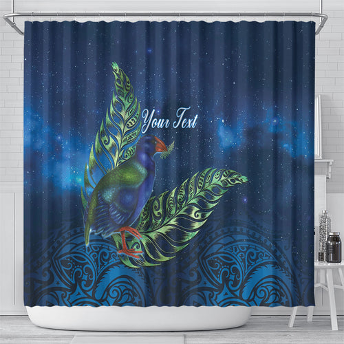 New Zealand Takahe Personalised Shower Curtain Silver Fern Galaxy Polynesian Pattern