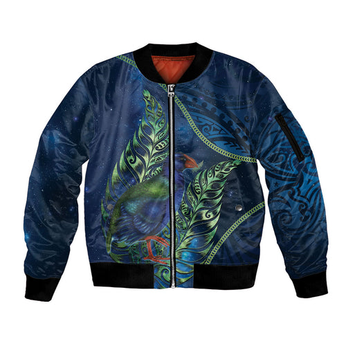 New Zealand Takahe Personalised Sleeve Zip Bomber Jacket Silver Fern Galaxy Polynesian Pattern