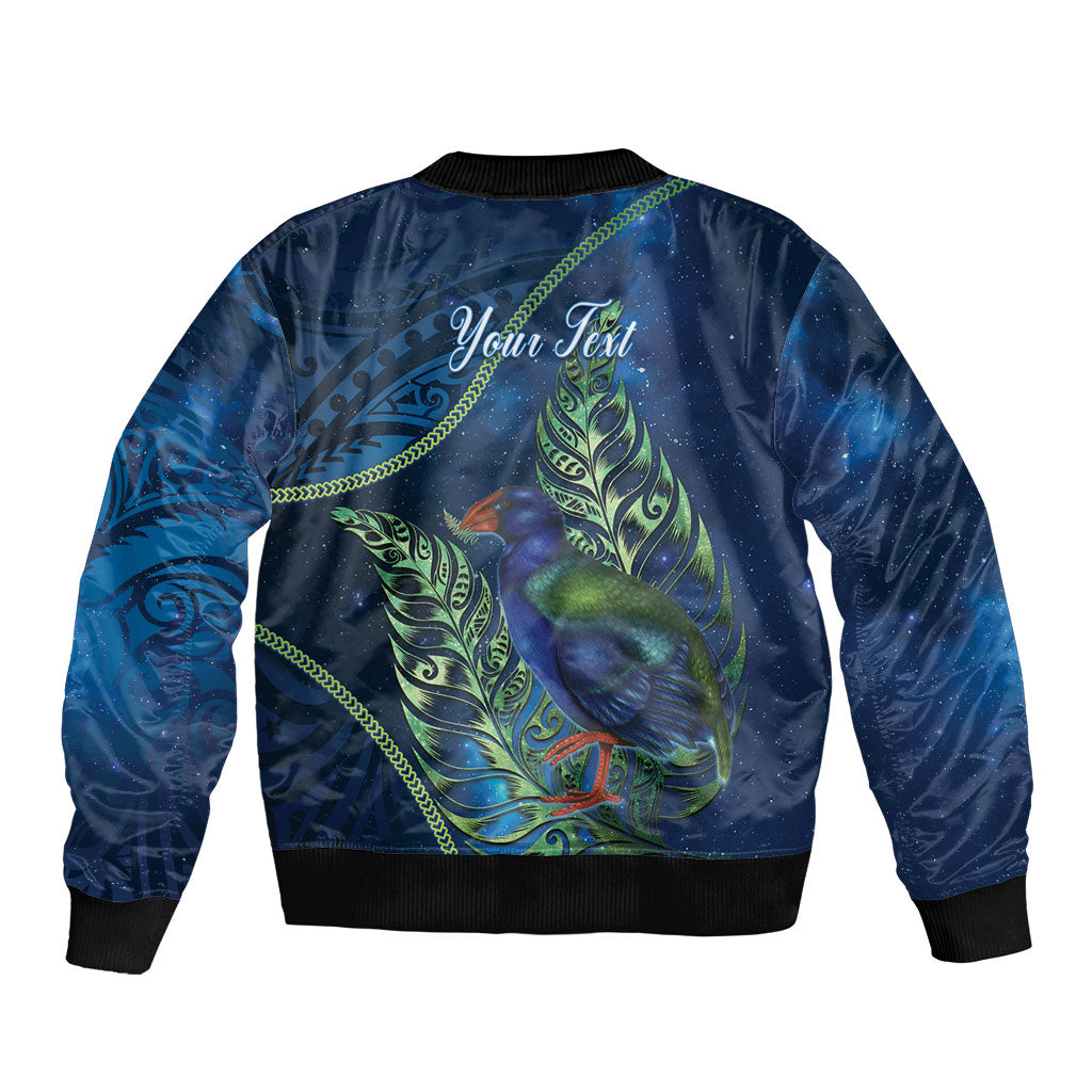 New Zealand Takahe Personalised Sleeve Zip Bomber Jacket Silver Fern Galaxy Polynesian Pattern