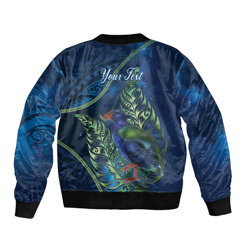 New Zealand Takahe Personalised Sleeve Zip Bomber Jacket Silver Fern Galaxy Polynesian Pattern