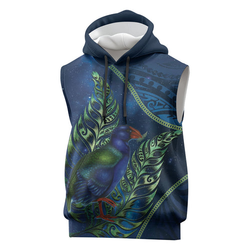 New Zealand Takahe Personalised Sleeveless Hoodie Silver Fern Galaxy Polynesian Pattern