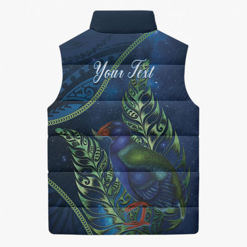 New Zealand Takahe Personalised Sleeveless Puffer Jacket Silver Fern Galaxy Polynesian Pattern