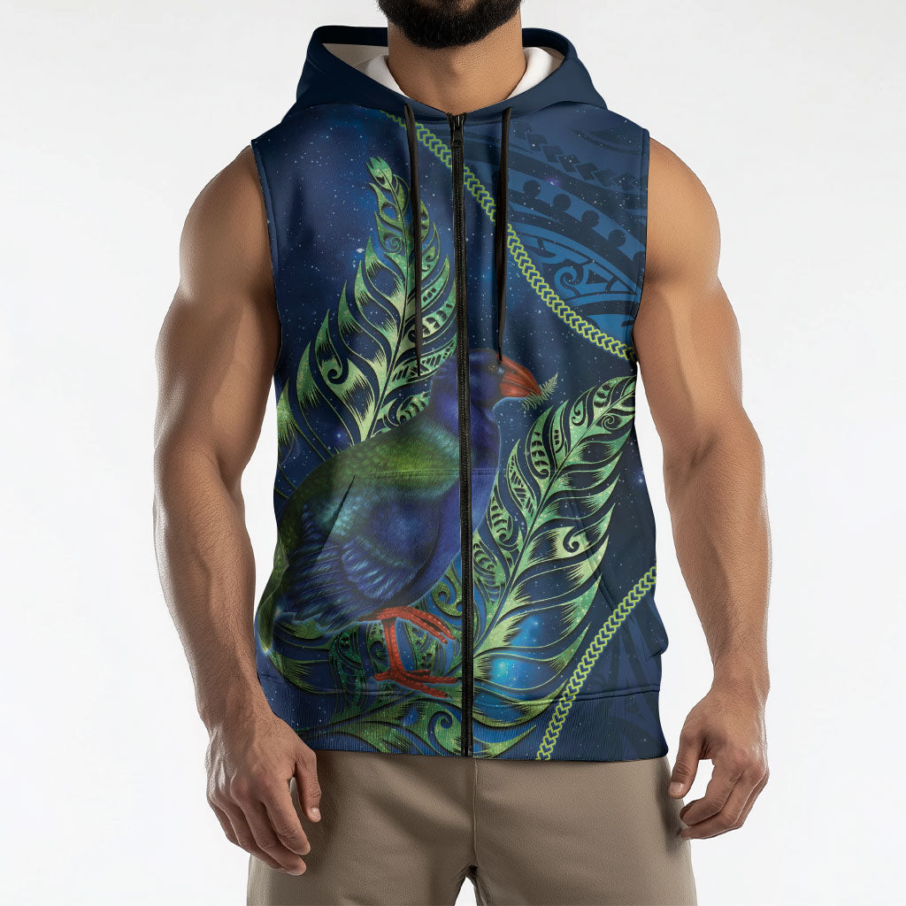 New Zealand Takahe Personalised Sleeveless Zip Hoodie Silver Fern Galaxy Polynesian Pattern