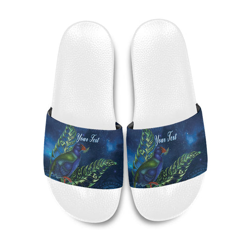 New Zealand Takahe Personalised Slide Sandals Silver Fern Galaxy Polynesian Pattern