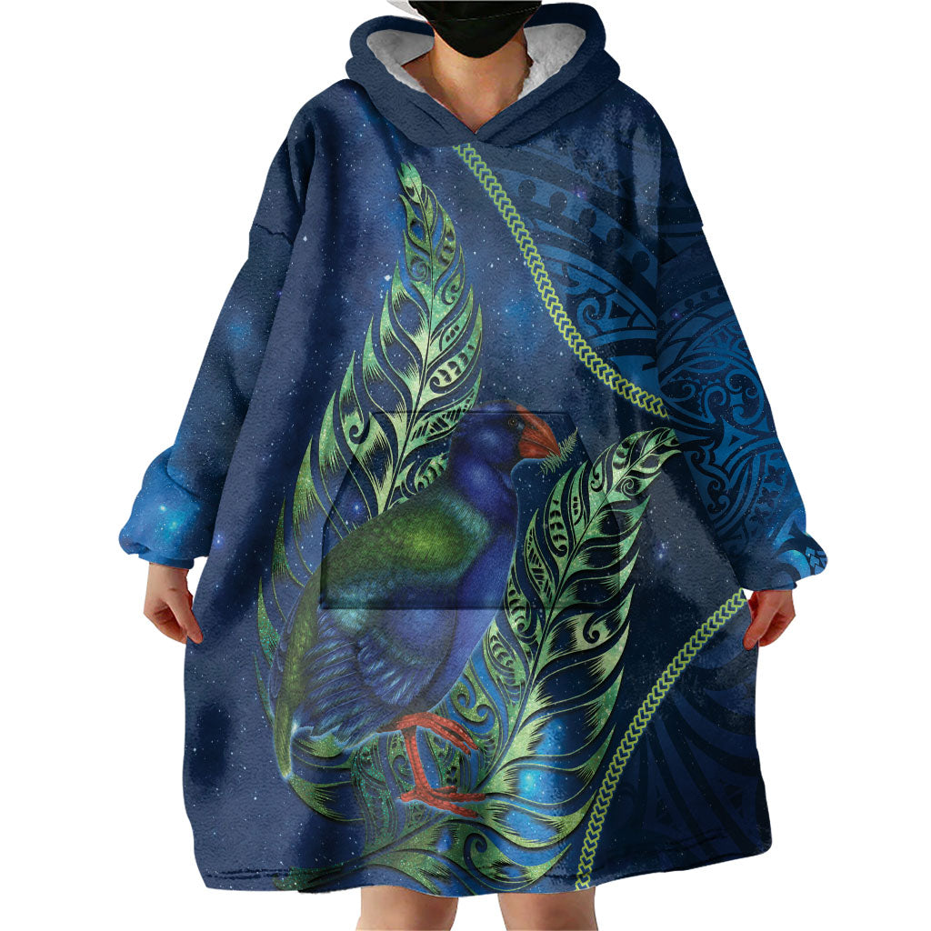New Zealand Takahe Personalised Wearable Blanket Hoodie Silver Fern Galaxy Polynesian Pattern