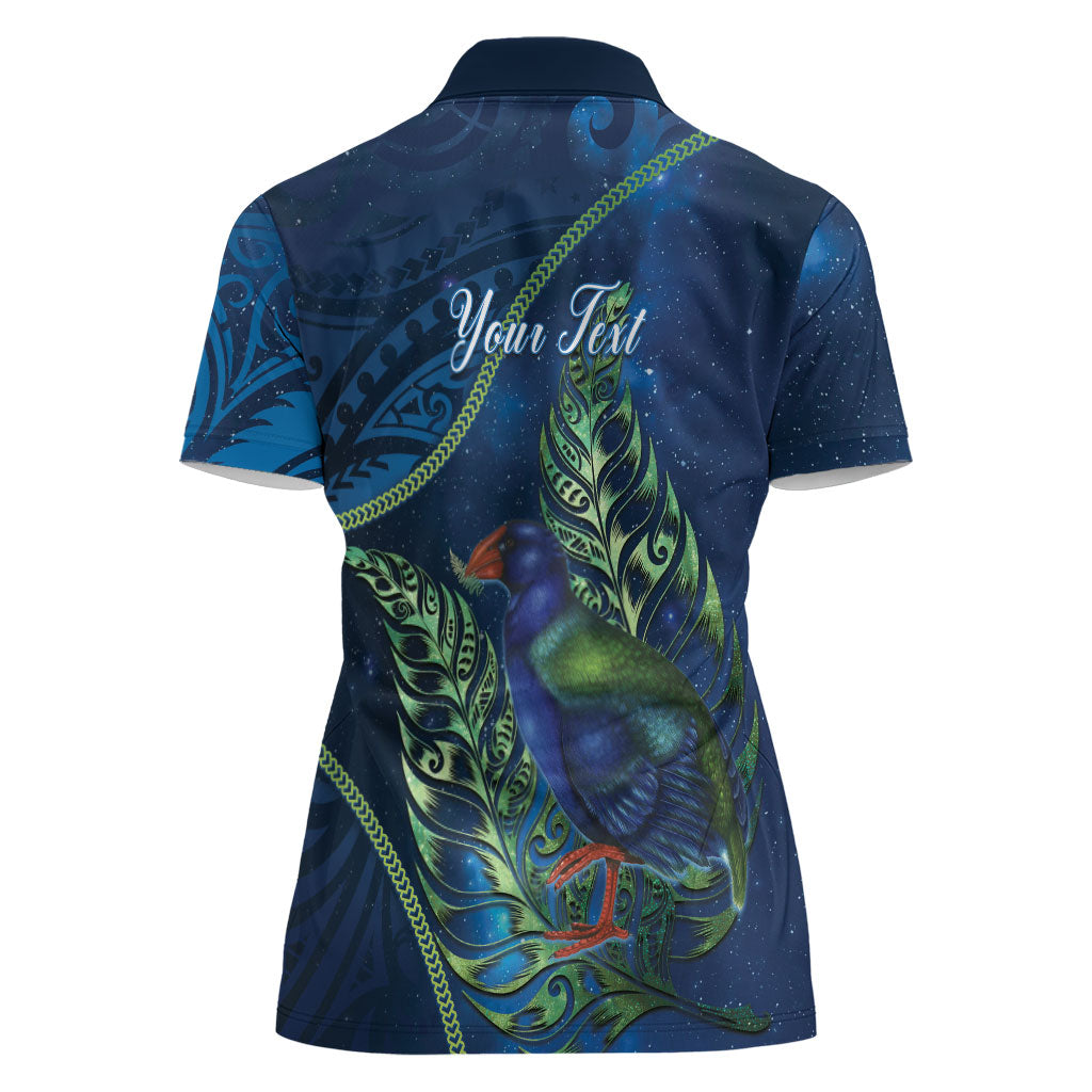 New Zealand Takahe Personalised Women Polo Shirt Silver Fern Galaxy Polynesian Pattern