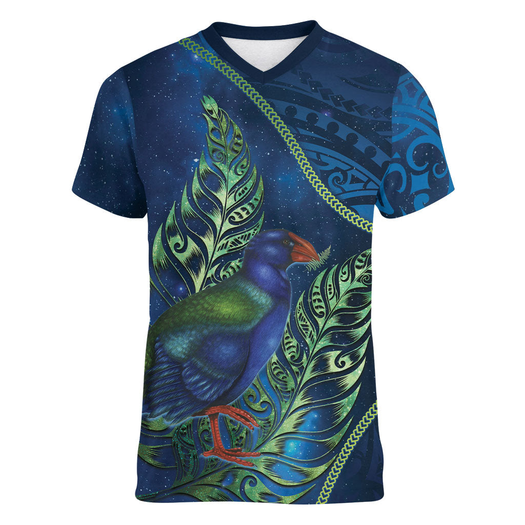 New Zealand Takahe Personalised Women V-Neck T-Shirt Silver Fern Galaxy Polynesian Pattern