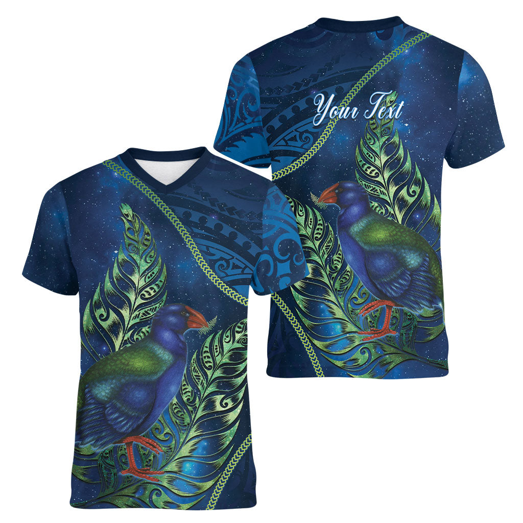 New Zealand Takahe Personalised Women V-Neck T-Shirt Silver Fern Galaxy Polynesian Pattern