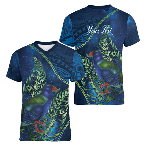 New Zealand Takahe Personalised Women V-Neck T-Shirt Silver Fern Galaxy Polynesian Pattern