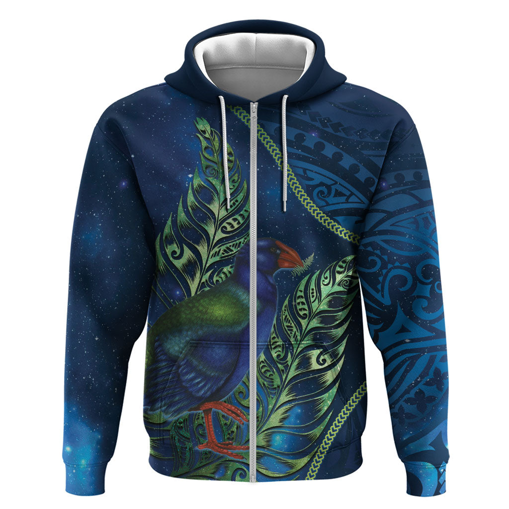 New Zealand Takahe Personalised Zip Hoodie Silver Fern Galaxy Polynesian Pattern
